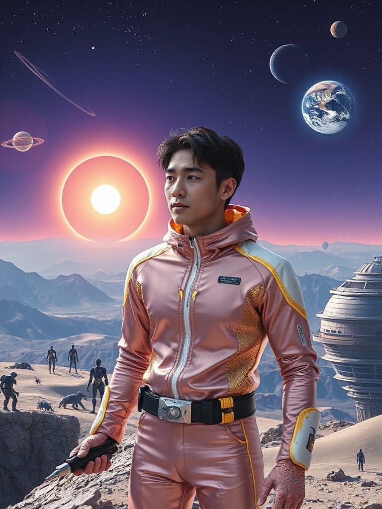 Futuristic Japanese Space Traveler in Morandi Pink and Gold