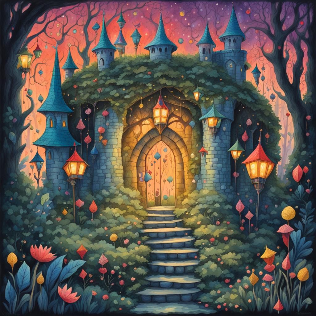 Whimsical Forest with Fairy Lights in Gouache Style