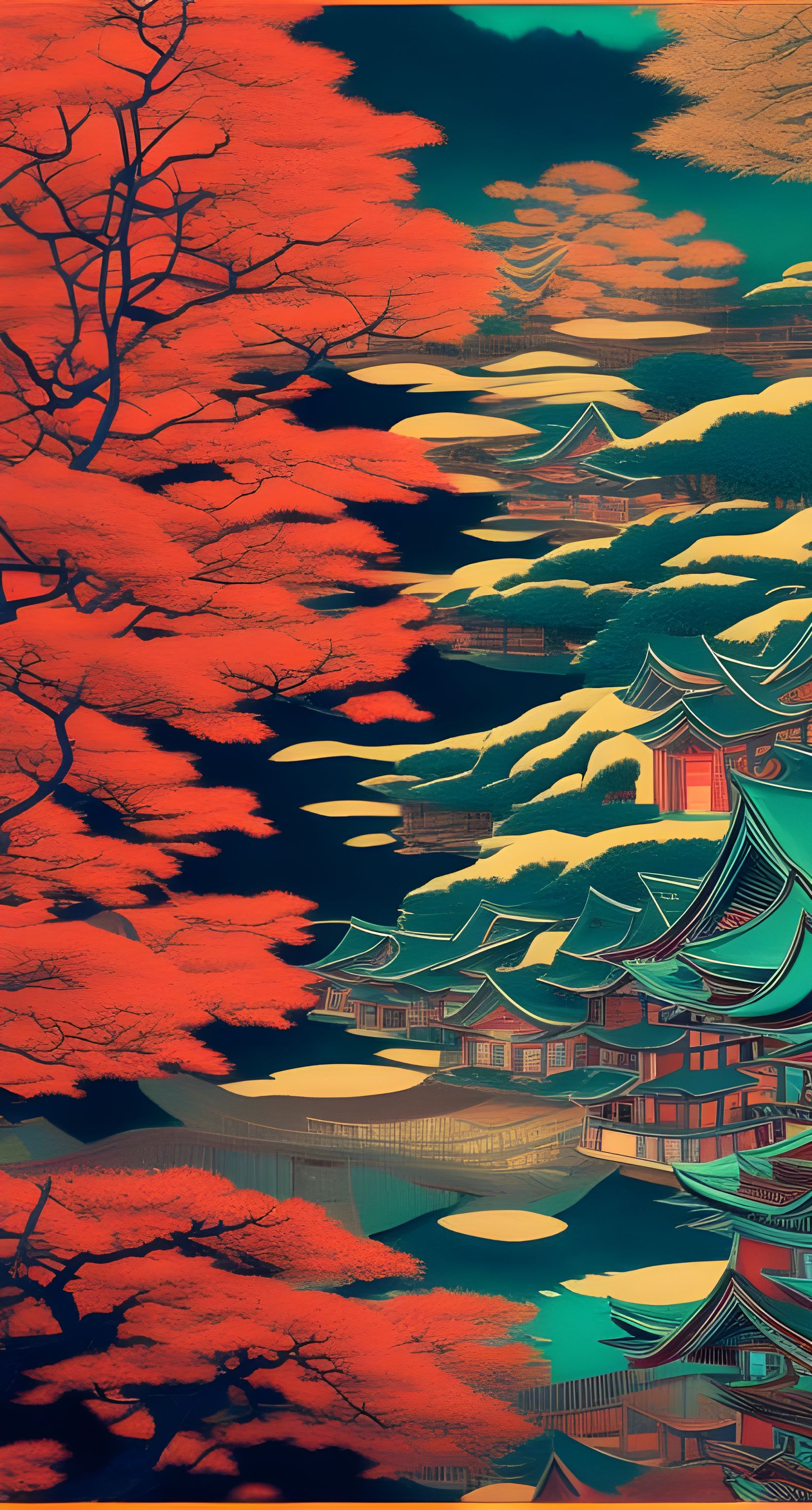 Surreal Japanese Night Landscape with Vivid Colors