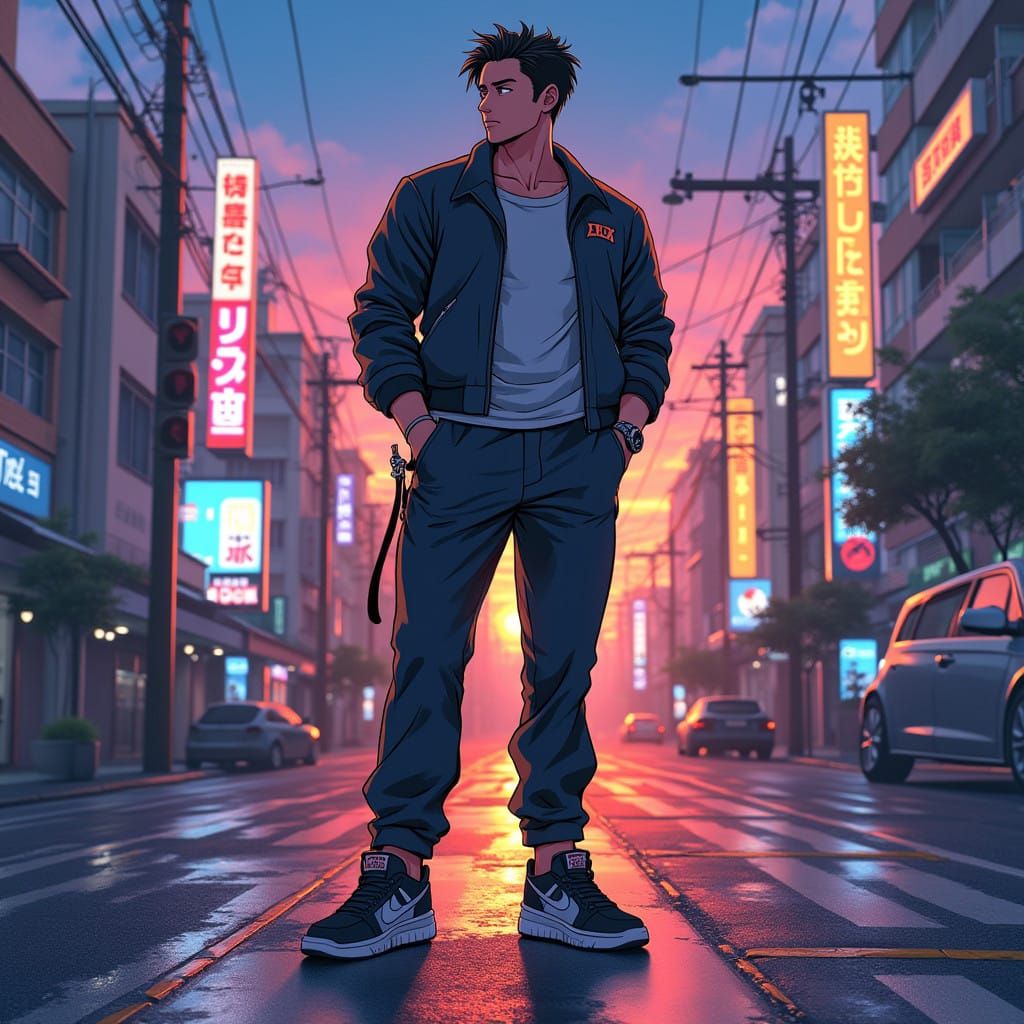 Anime-inspired Sci-fi Hero in Tokyo Cityscape