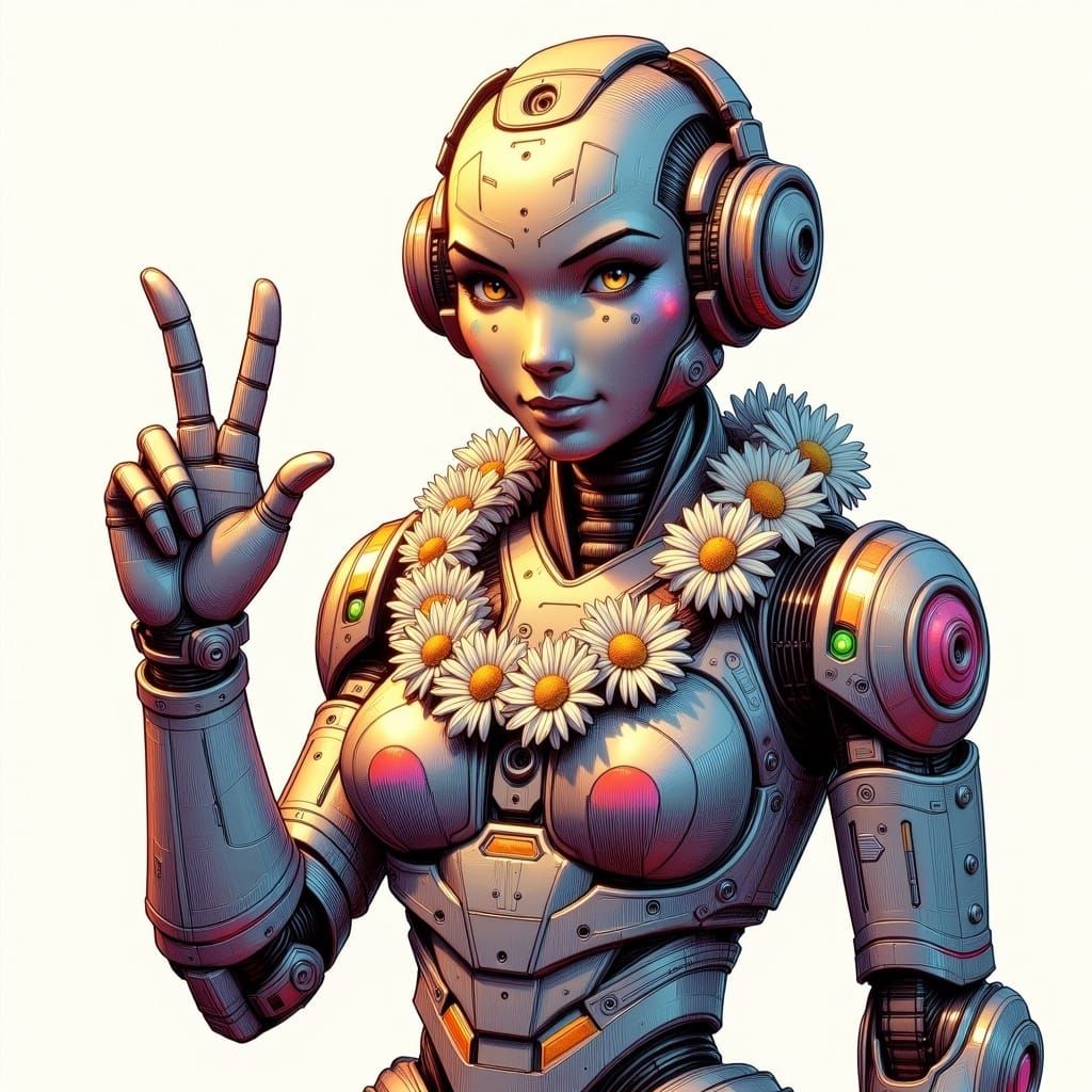 Robot with Daisies and Peace Sign