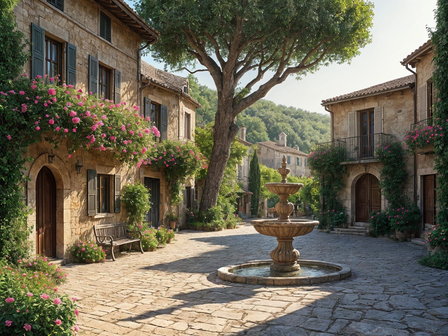 Charming Provençal Village Square in Digital Art