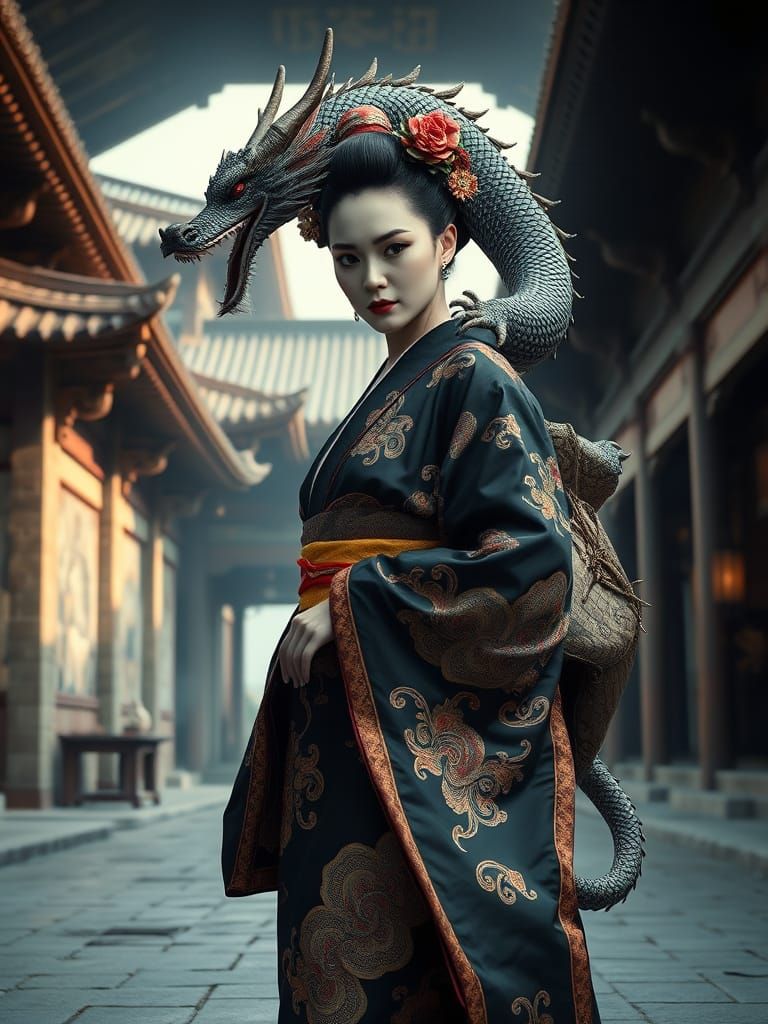 Serene Geisha Adorns Majestic Chinese Dragon in Ancient Japa...
