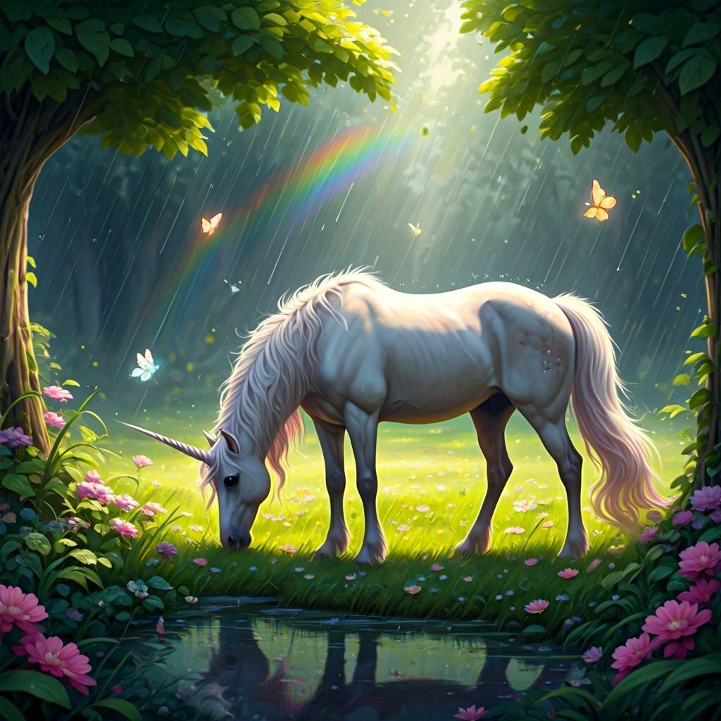 Fairy Unicorn Grazing in a Lush Meadow