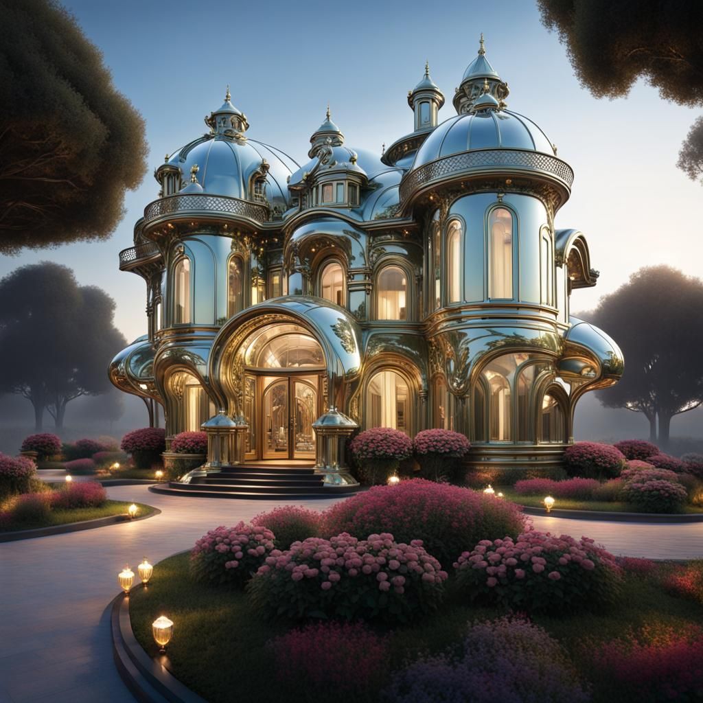 Surreal Futuristic Brass House with Flowerbeds