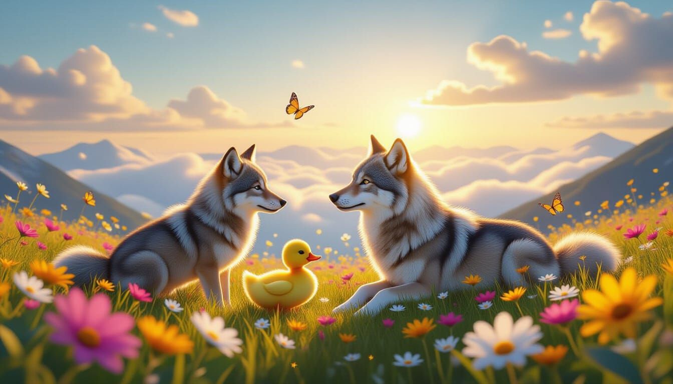 Wolf Family and Duck in Spring Meadow at Sunset