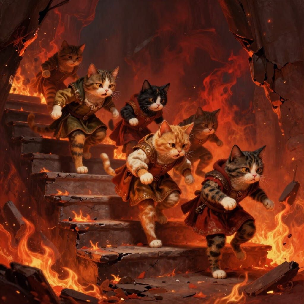 Whimsical Cats Limbo Dancing Down Fiery Stairs