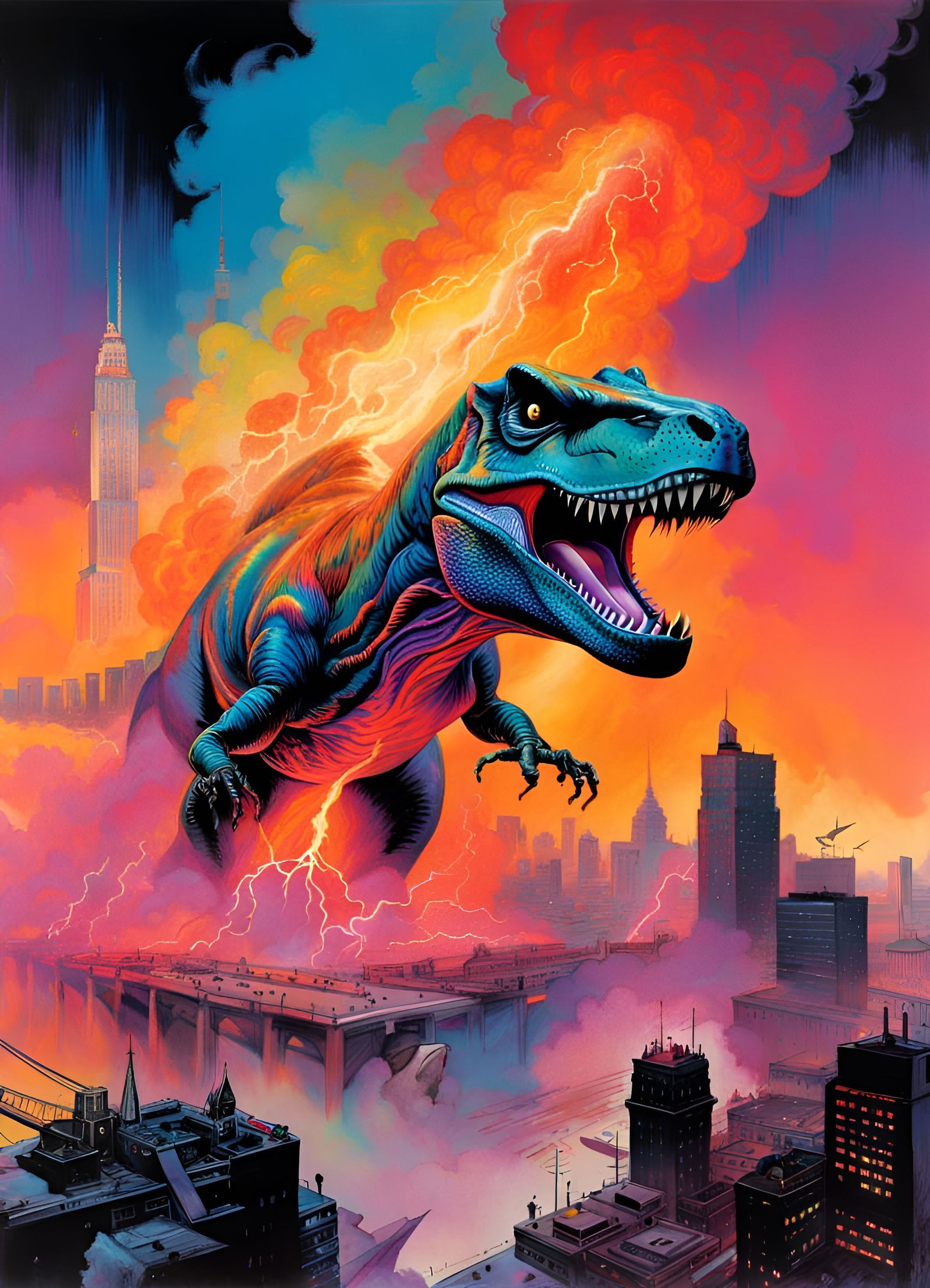 Fiery T-Rex in City Tidal Wave, Synthwave Oil Painting