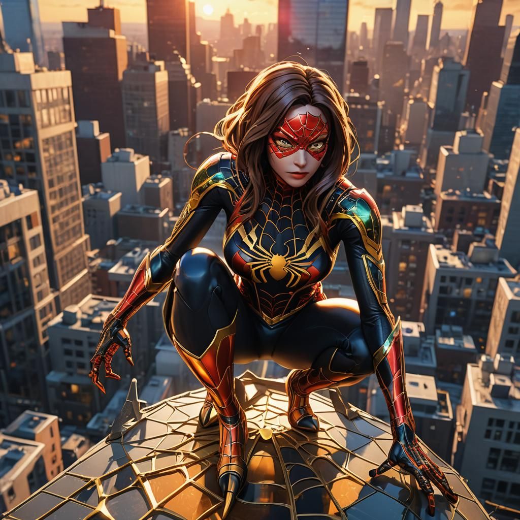 Spider Woman on City Rooftop in 3D Anime Style