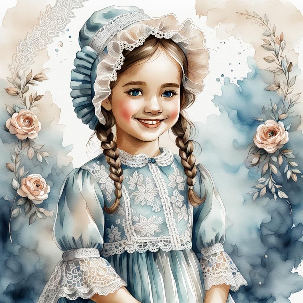 Smiling Girl in Lace Bonnet, Digital Watercolor Sketch