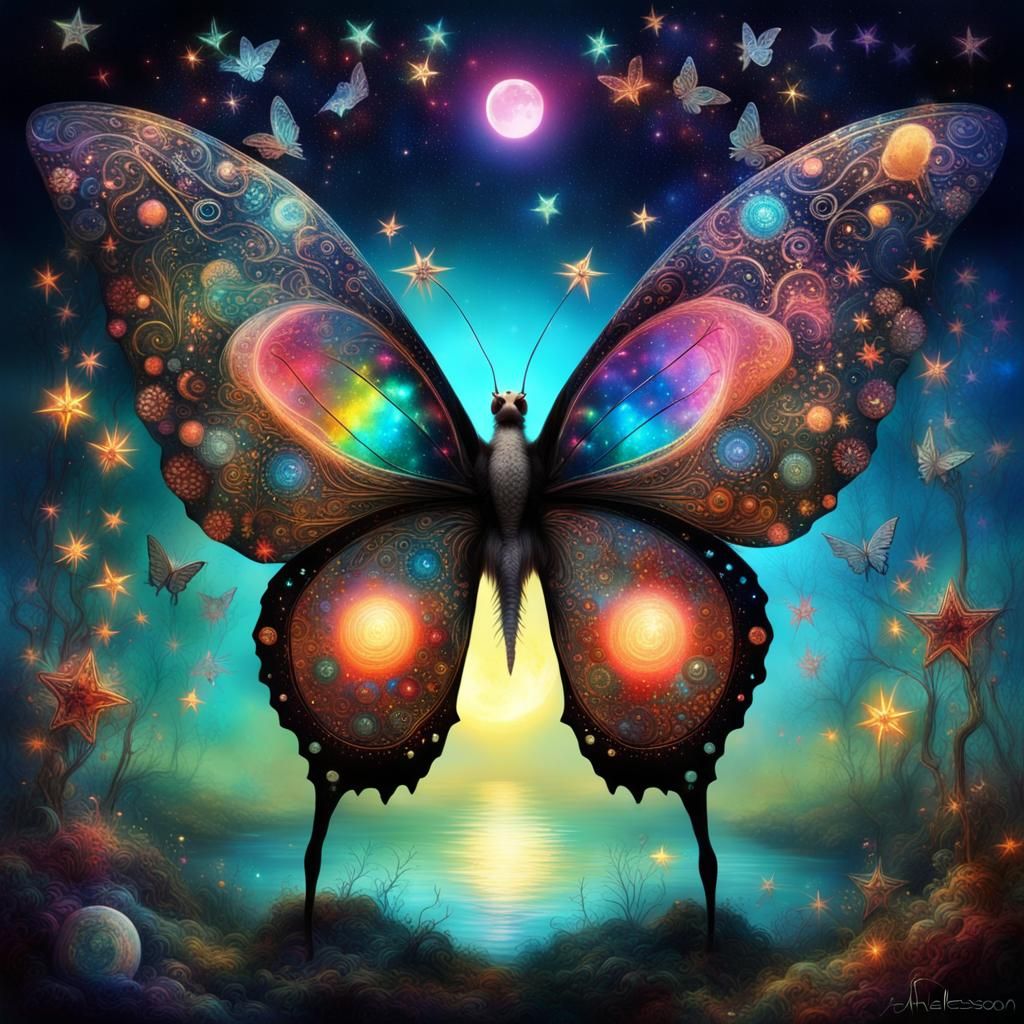 Cosmic Butterfly Wings with Electric Moon
