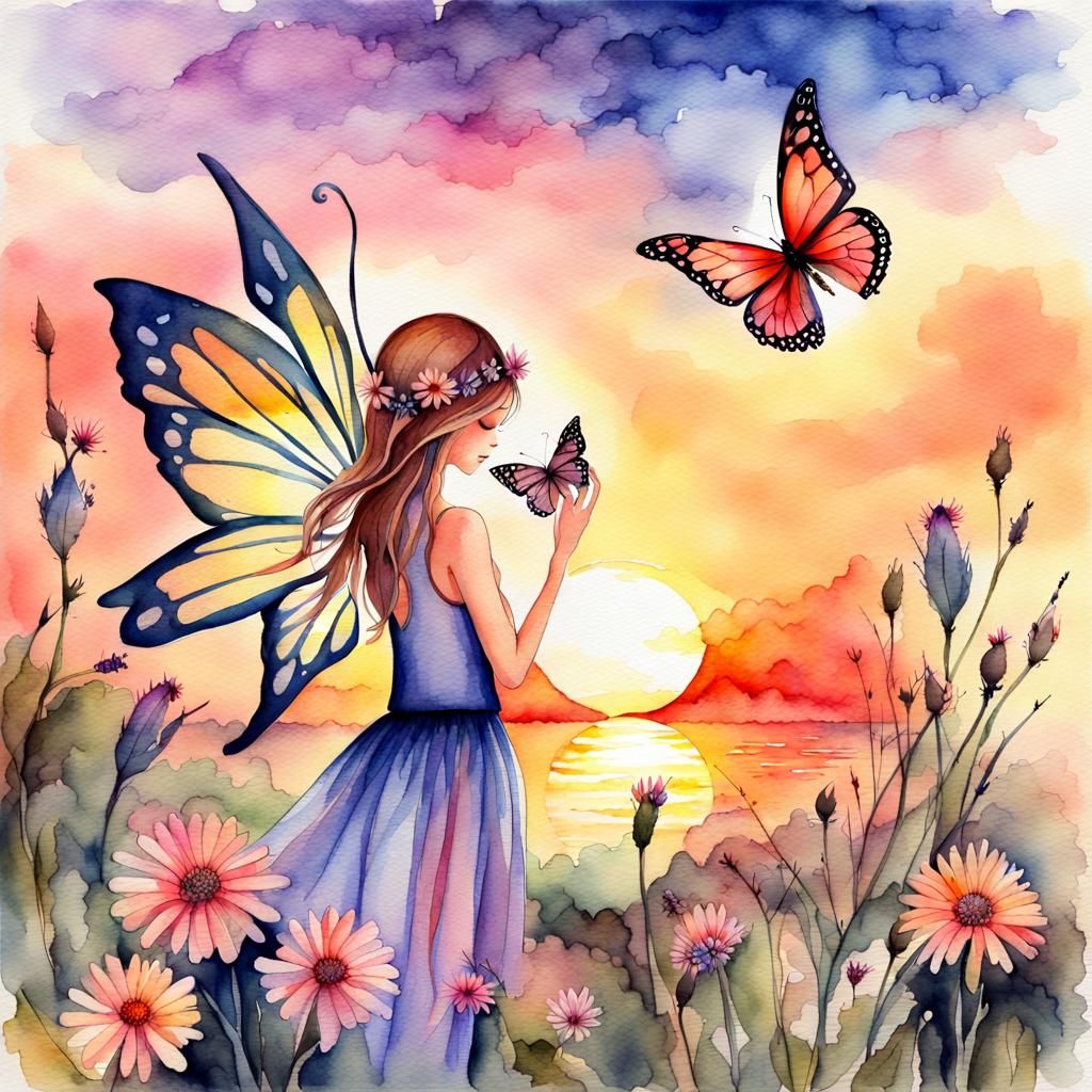 Watercolor Fairy with Butterflies at Sunset