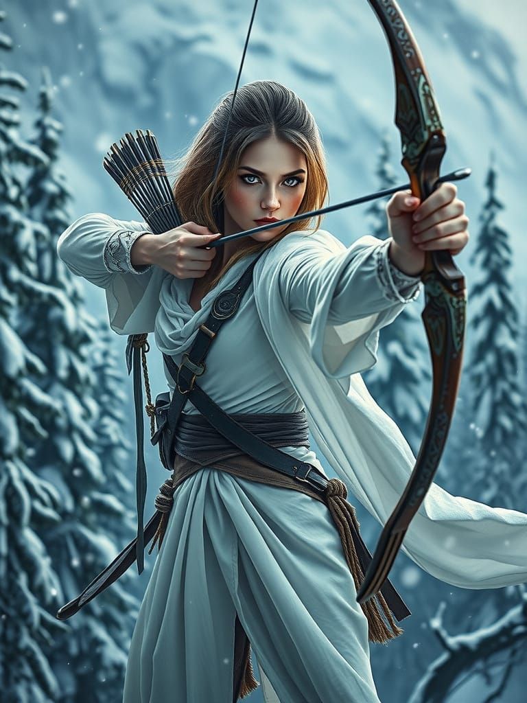 Curvy Warrior Woman in Snowy Forest, Hyperrealistic Style