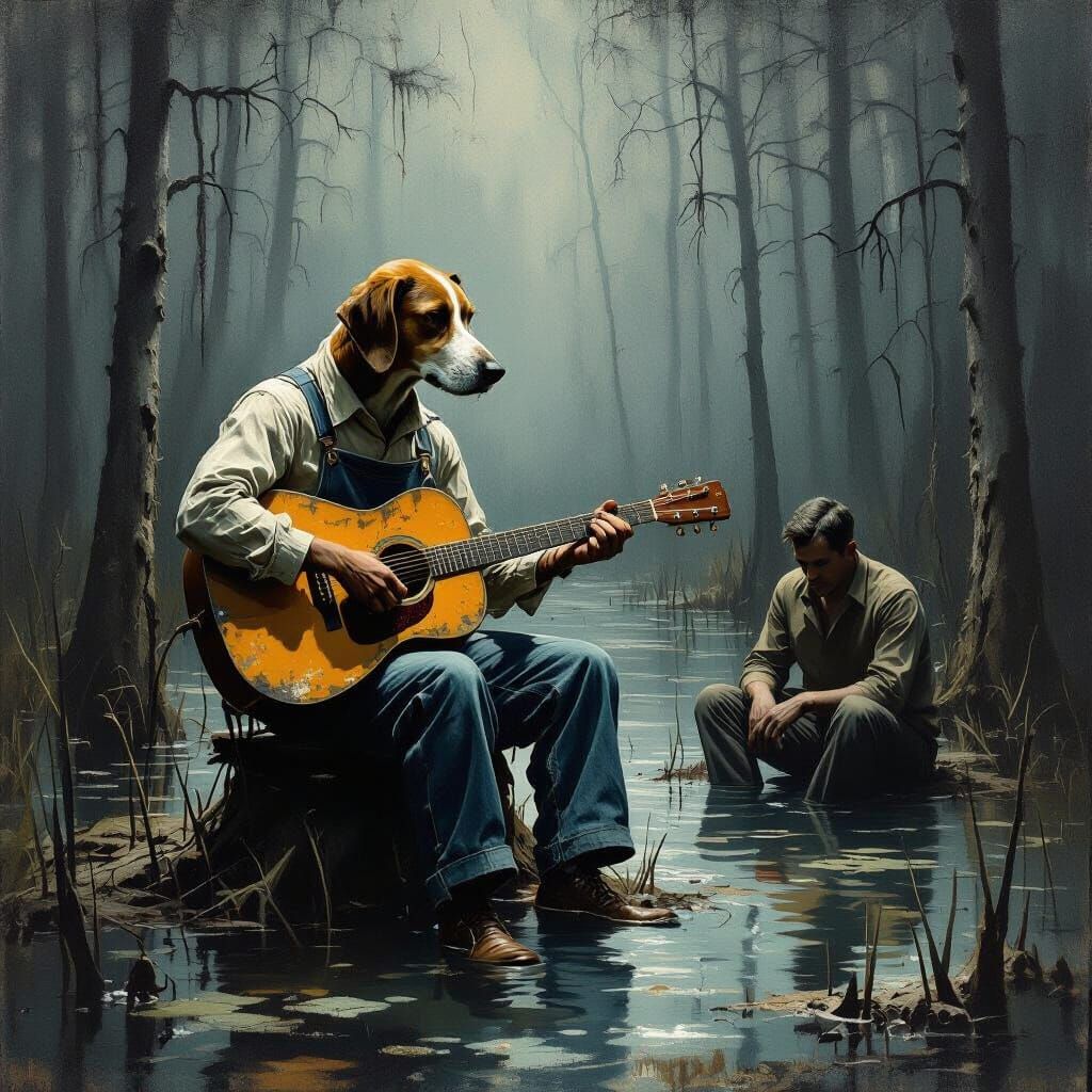 Bipedal Hound Serenades Man in Moody Pine Barren Swamp