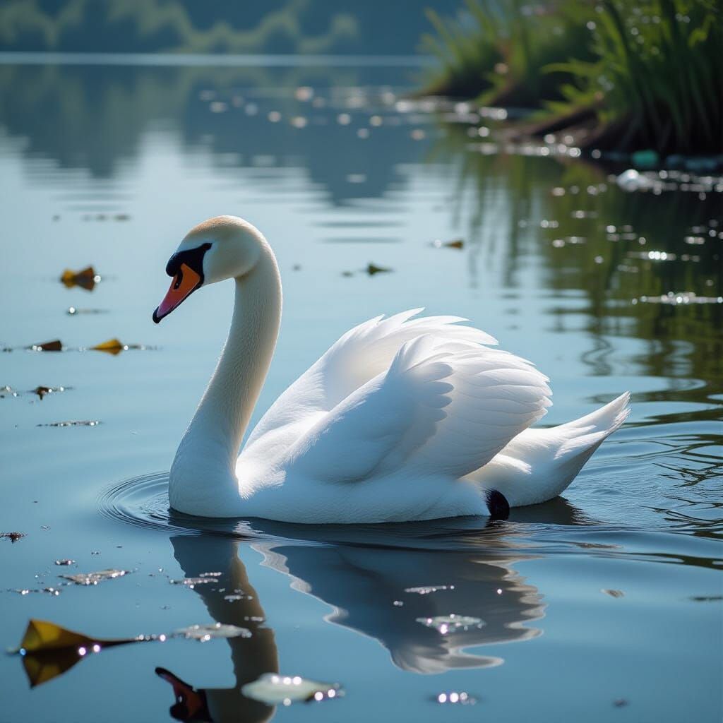 Swan on Polluted Lake: Photorealistic Environmental Art