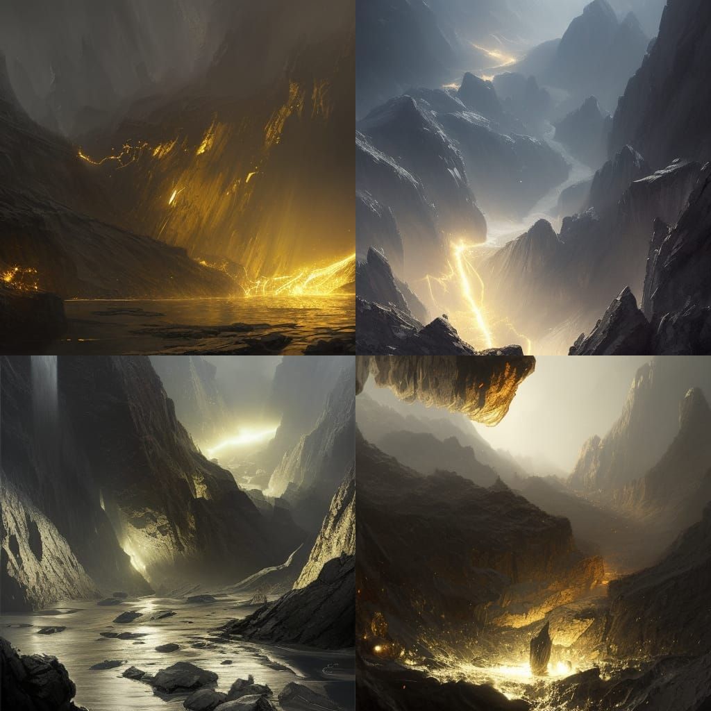 Liquid Gold and Silver Mine in Dark Fantasy Style