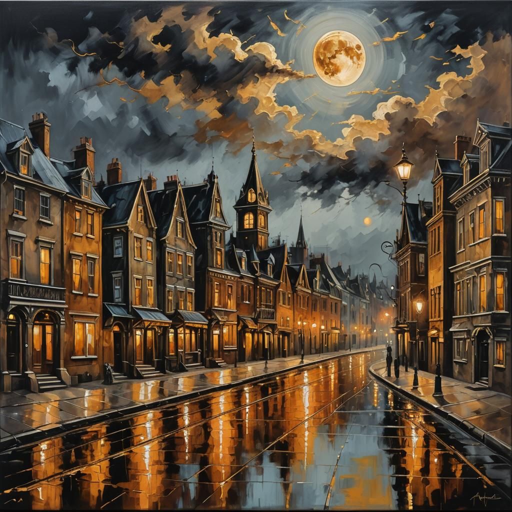 expressionism canvas painting, dark brown silver and gold with molten metal Victorian town street with special designed ...