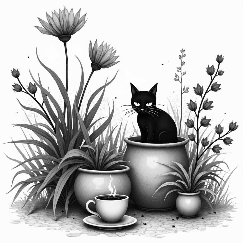 Mystical Cat in Van Gogh Linocut Style