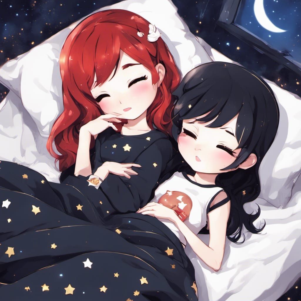 Chibi Girls Sleeping Under Starry Night Sky