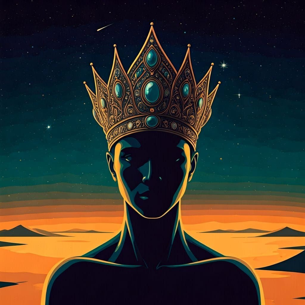 Regal Figure in Desert Under Starry Sky