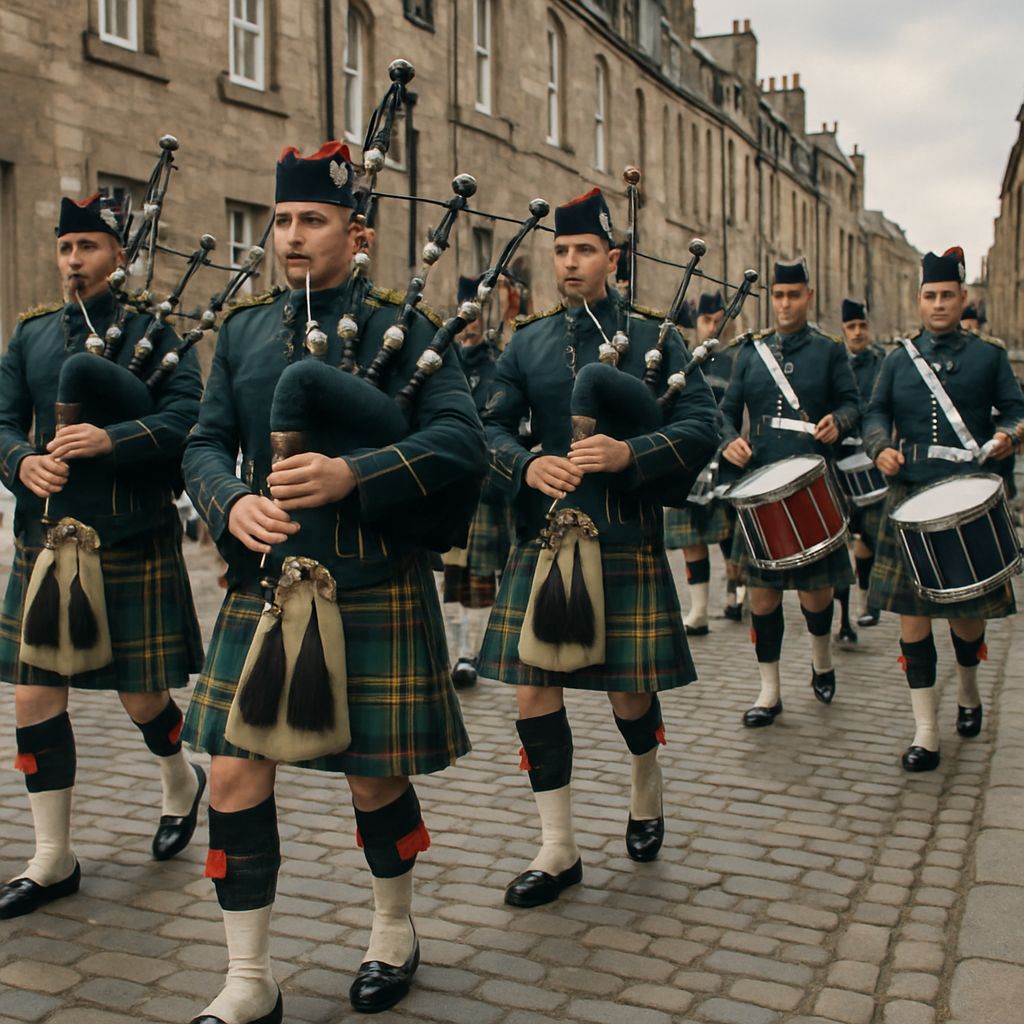 Bagpipe Band in Gordon Tartan Kilts Marches