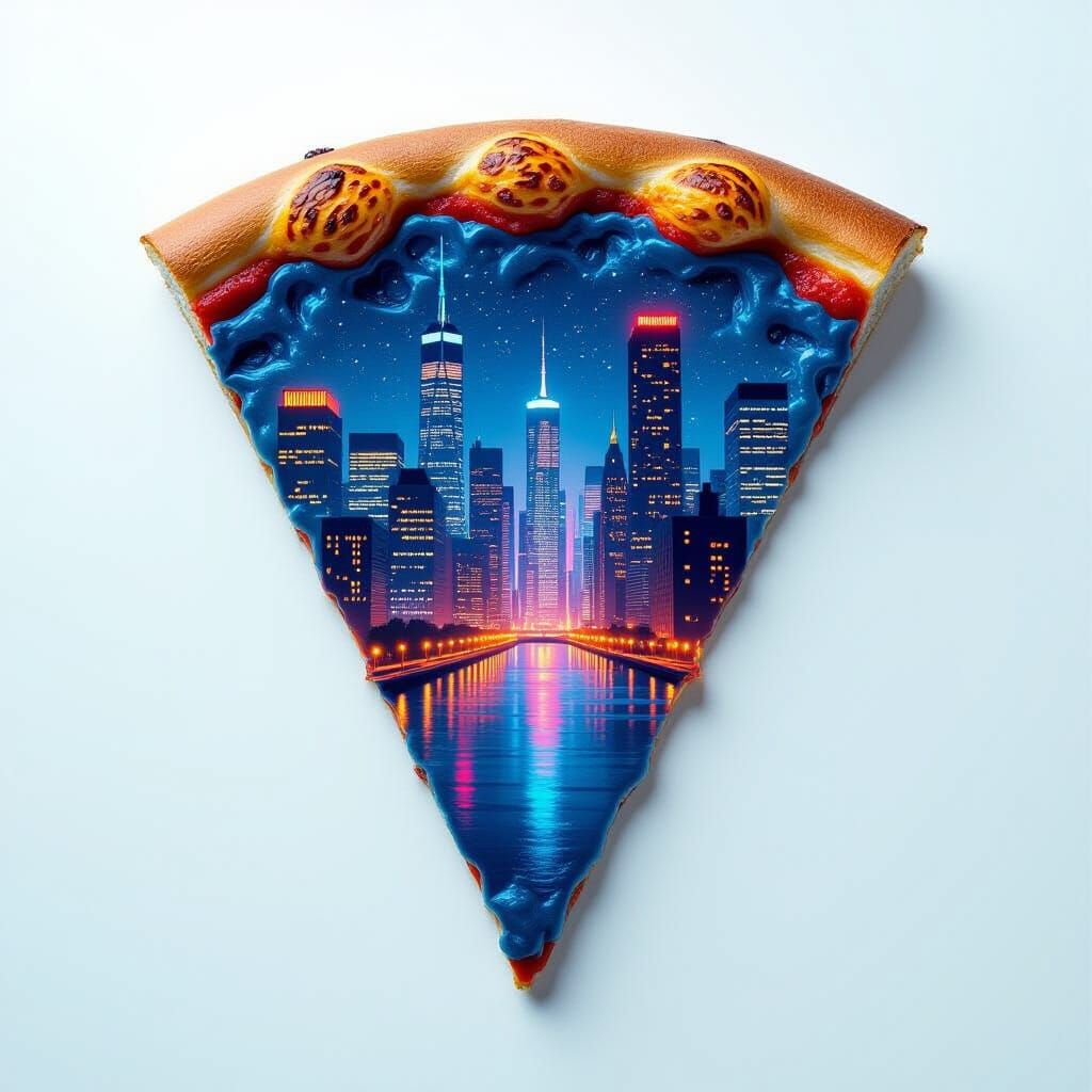 Pizza Slice Silhouette Filled with Cityscape at Night