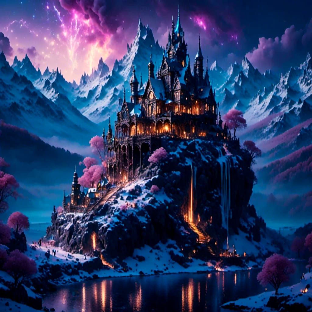 House standing on a hill by a river in a beautiful otherworldly Winter landscape Epic cinematic brilliant stunning...