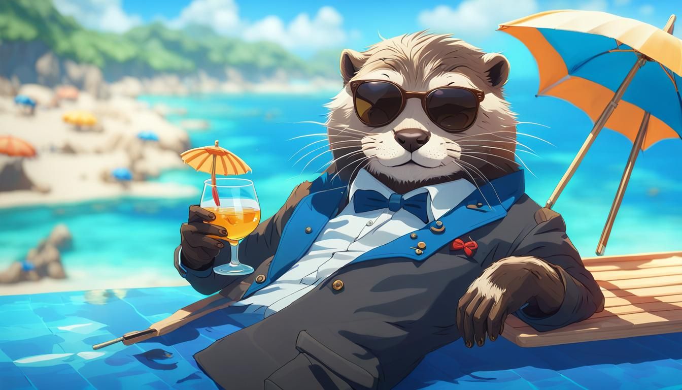 Otter Lounging in Azure Sea: 3D Anime Art