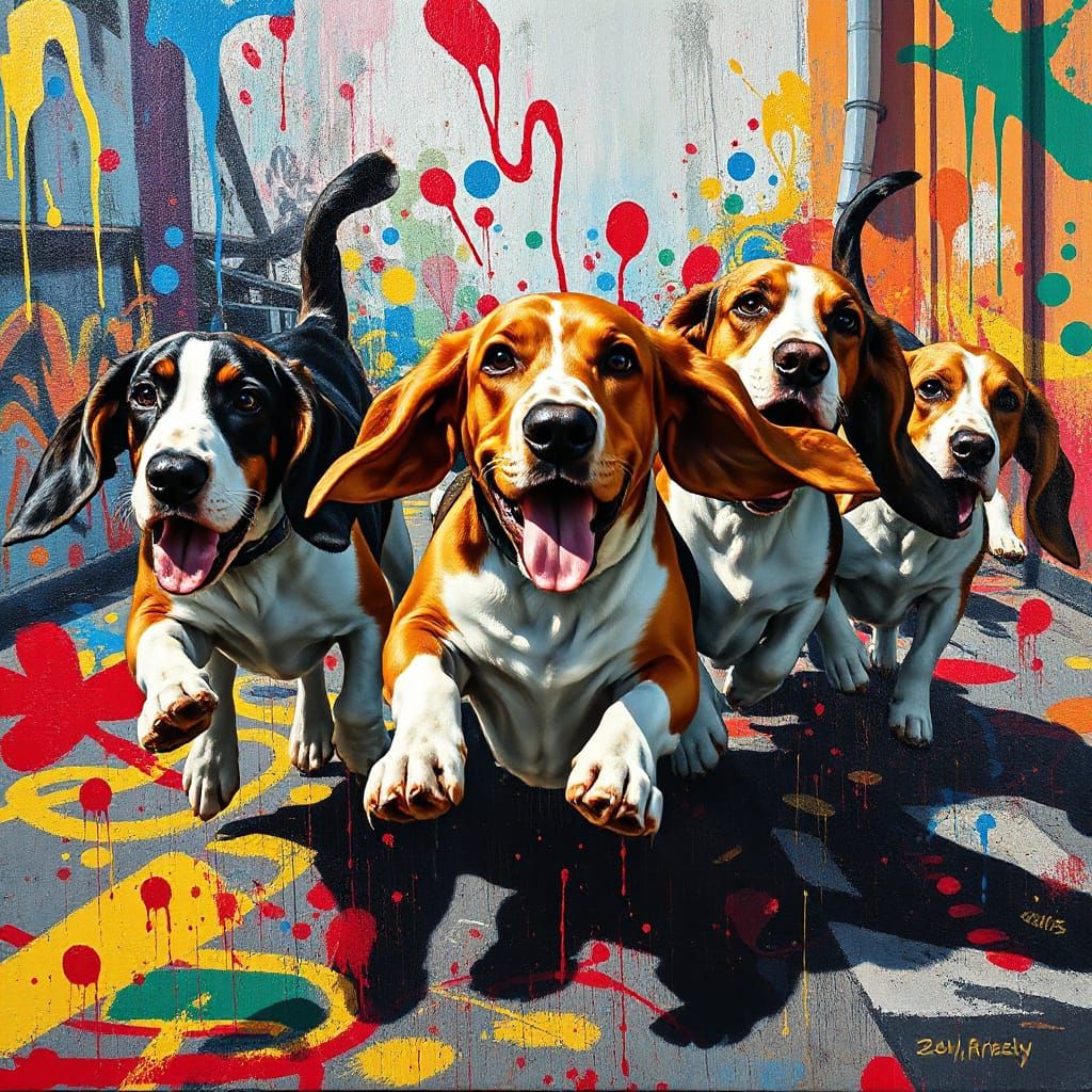 Street Art Basset Hounds Chase in High Relief Trompe L'oeil ...