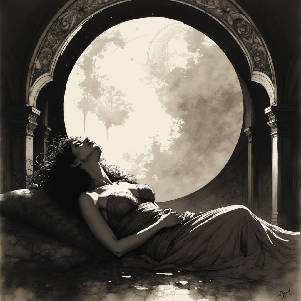 Surreal Woman Under Celestial Moonlit Night in Ink and Charc...