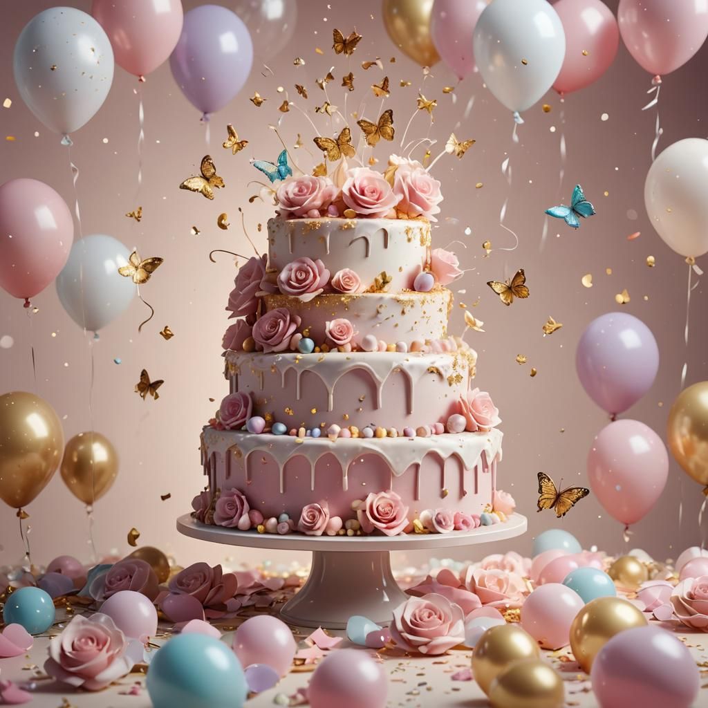 Whimsical Birthday Cake with Roses in 3D Digital Art