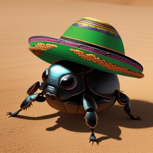 Dung Beetle Wearing Sombrero in Desert: Cartoon Style