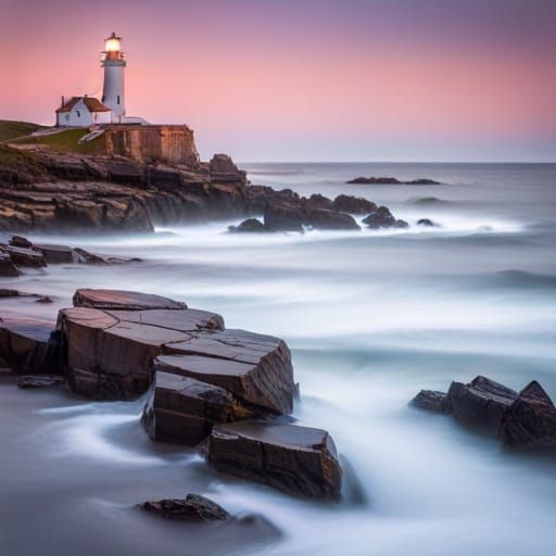 Lighthouse at Rocky Shore: Sunrise Photography