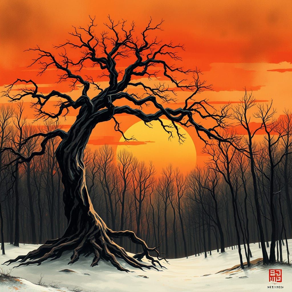 Winter Forest Captured in Sumi-e Ink Style