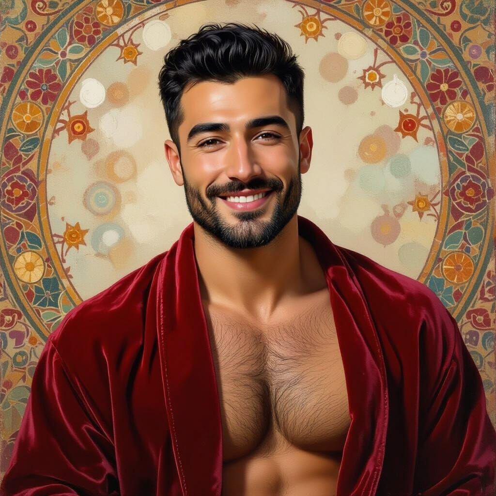 Handsome Man in Red Velvet Robe as Impasto Painting