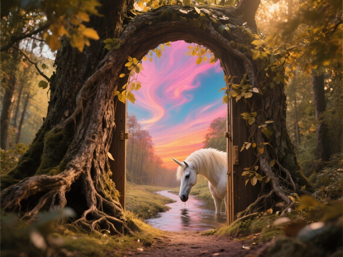 Enchanted Forest Path with Unicorn: Fine Art Photography