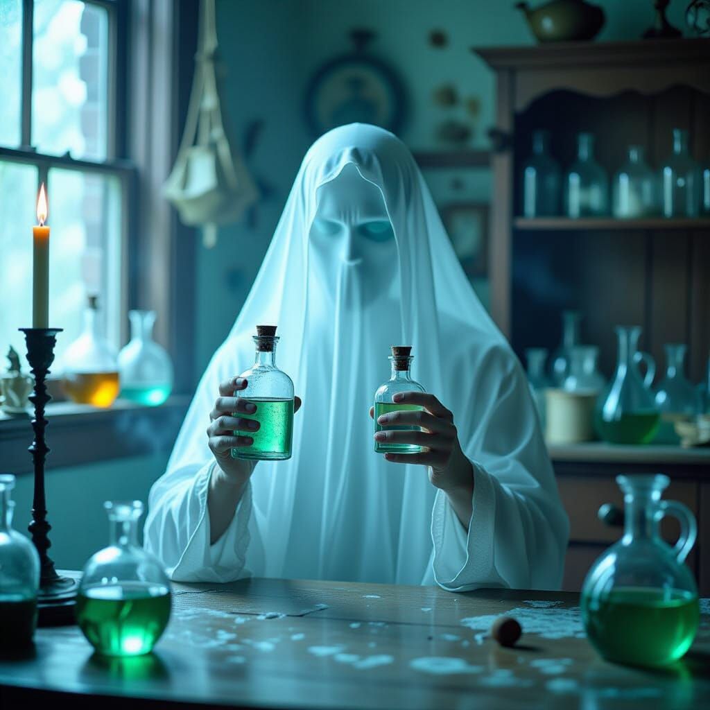 Ghostly Figure in Alchemical Lab with Kirlian Effects