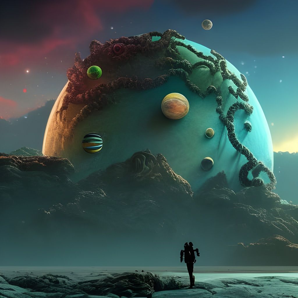 Surreal Planetary Dreamscape with Feline Creature