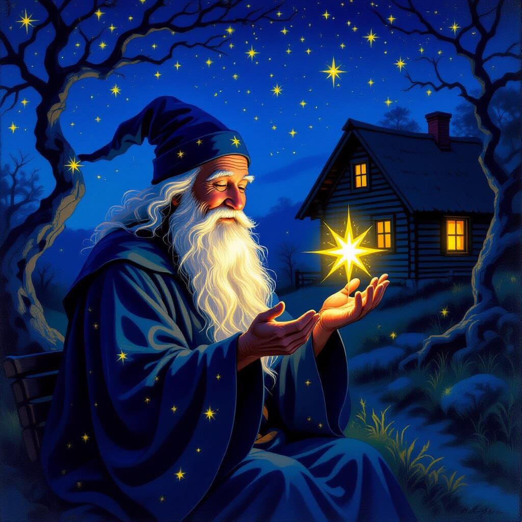 Wise Elder in Starry Robe Holding Radiant Star