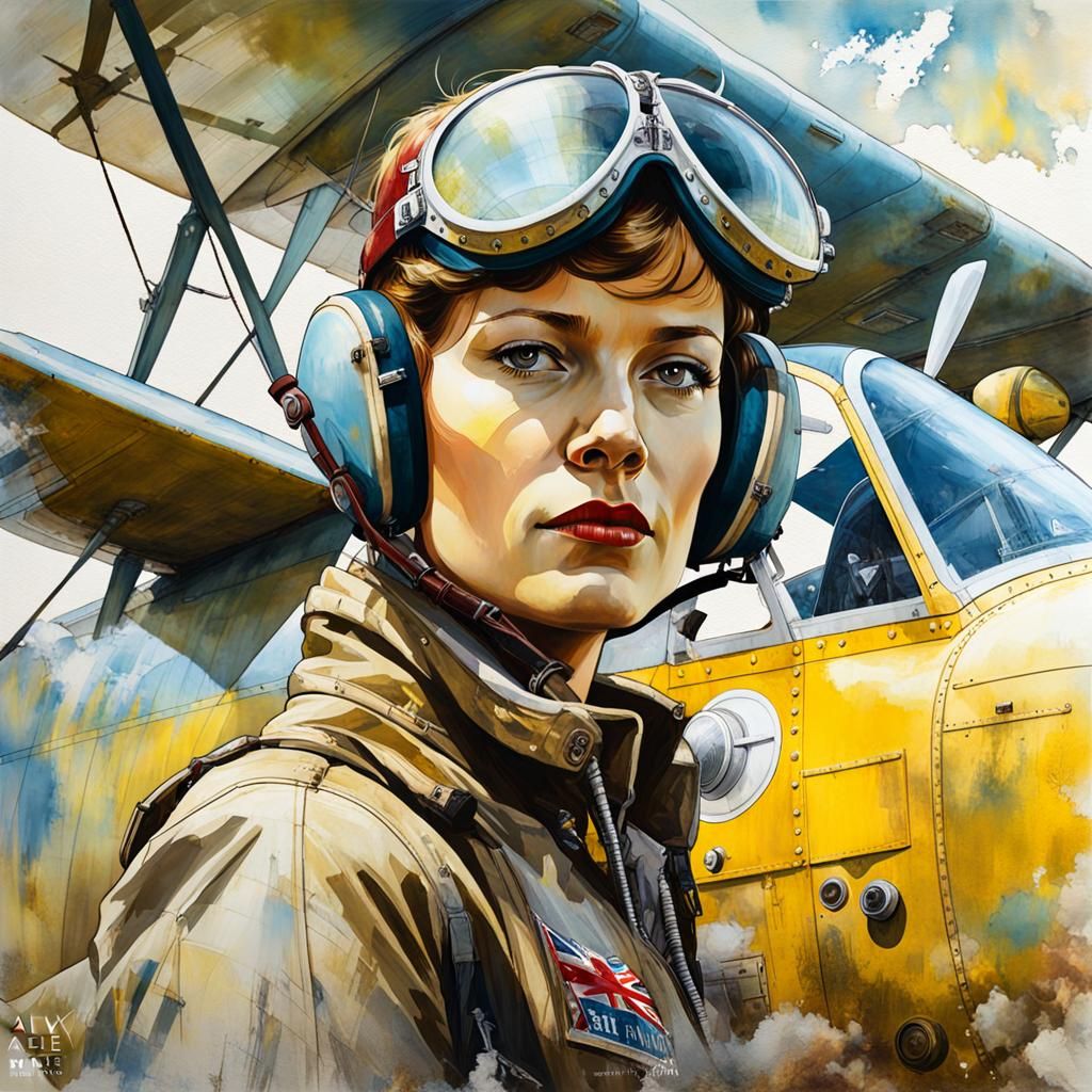 Amelia Earhart Double Exposure Portrait in Watercolour Style