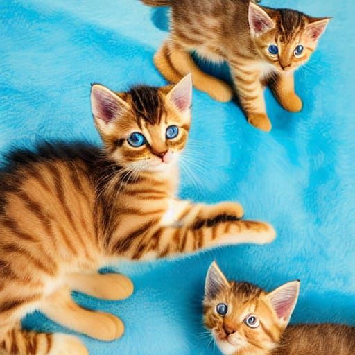 Three Adorable Kittens with Blue Eyes on Blue Rug
