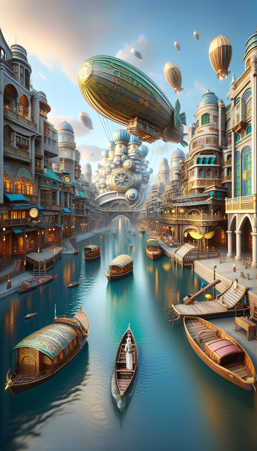 Steampunk Cityscape with Airships Over Canals