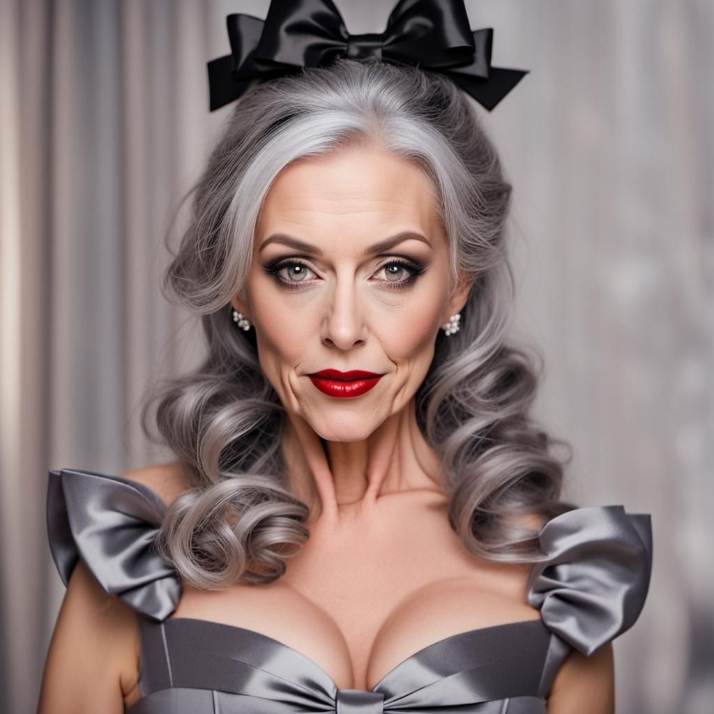 Stunning Woman with Grey Hair and Red Dress