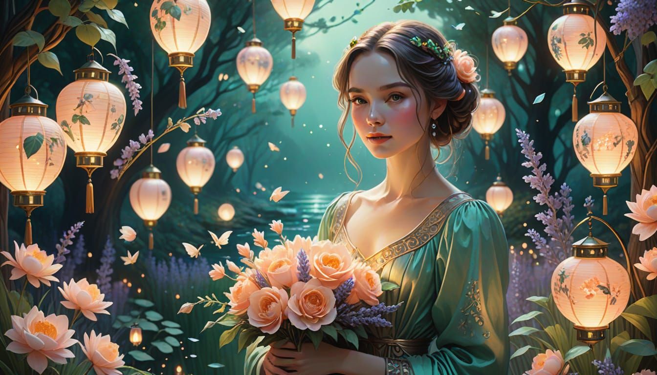 Ethereal Woman with Glowing Flowers in Twilight Garden
