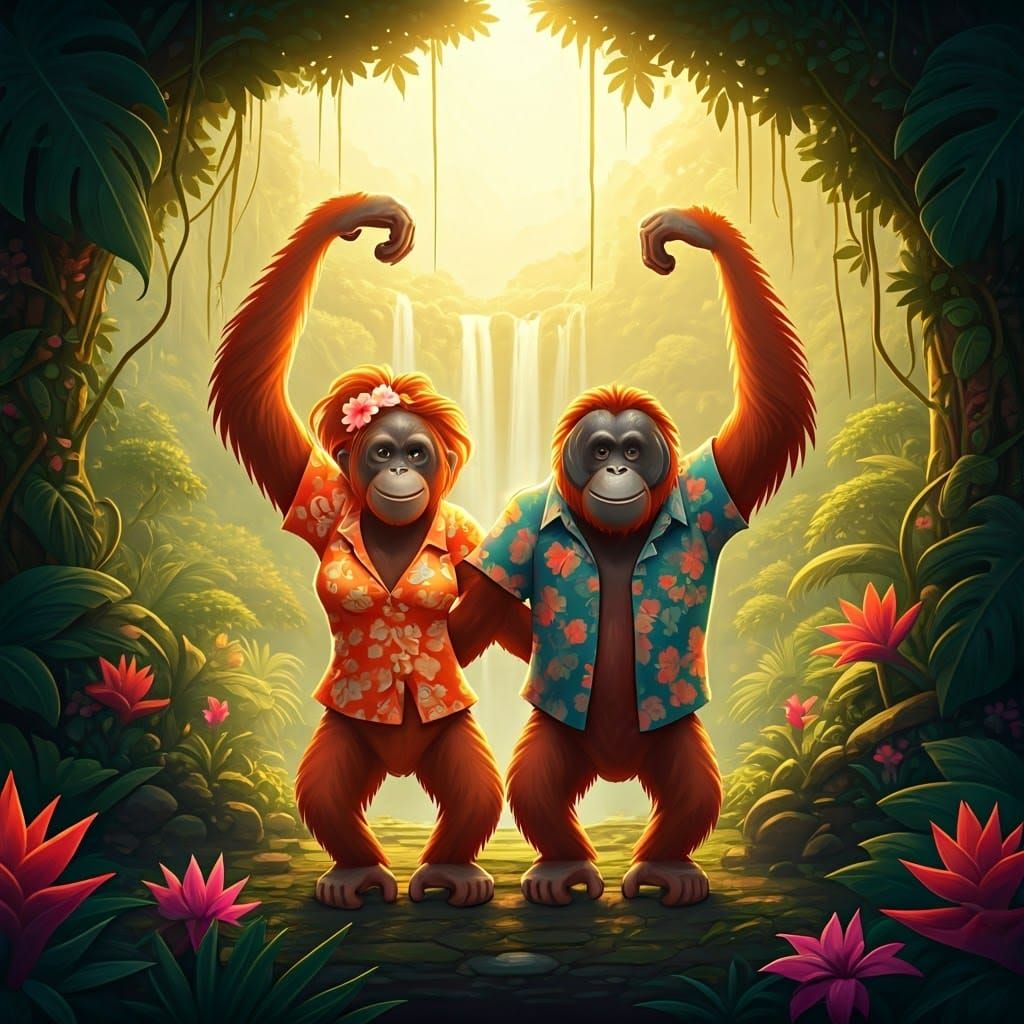 Joyful Orangutang Couple Swings to Jungle Rhythm in a Lush R...