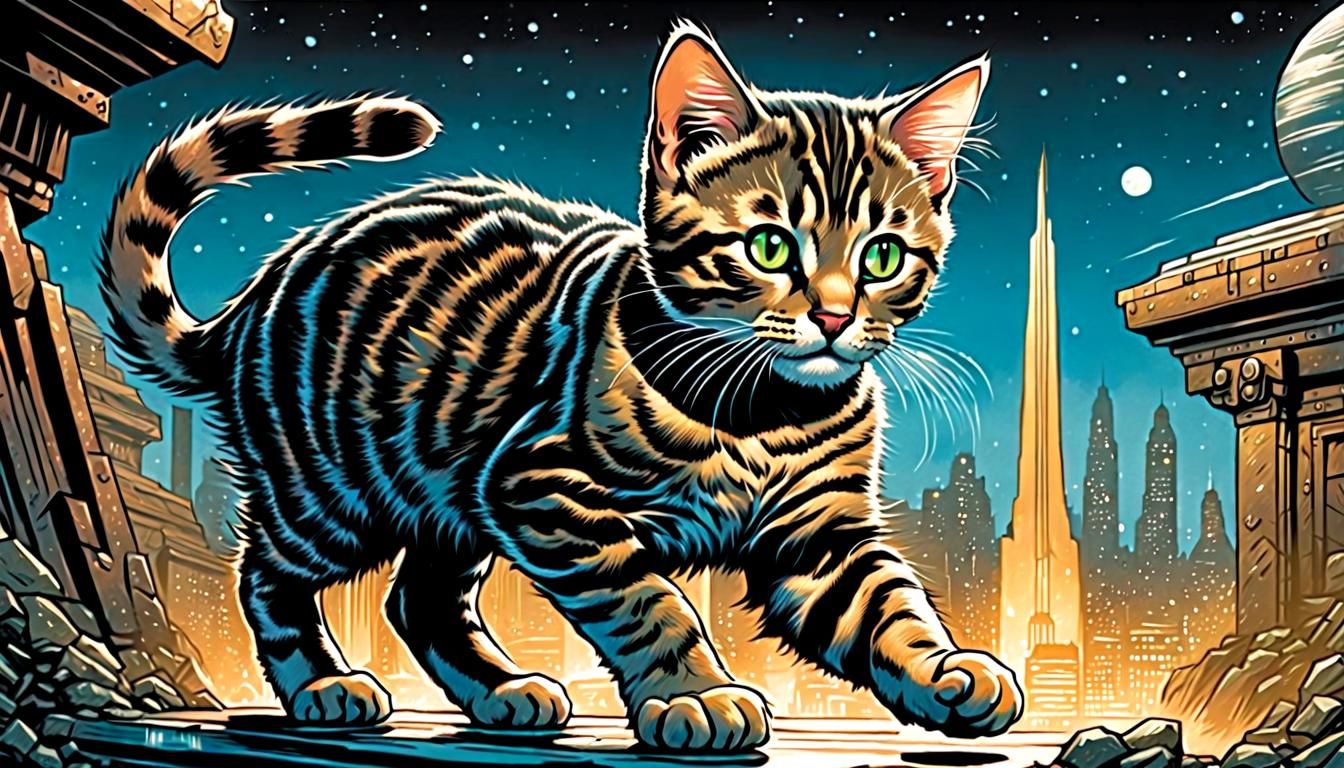 Tabby Kitten Colossus in Comic Book Art Style