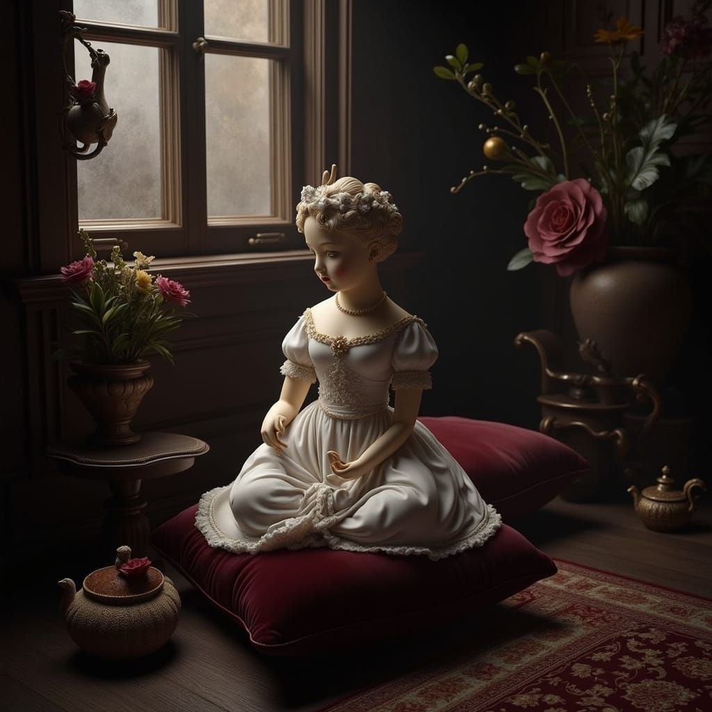 Antique Porcelain Doll in Moonlit Attic