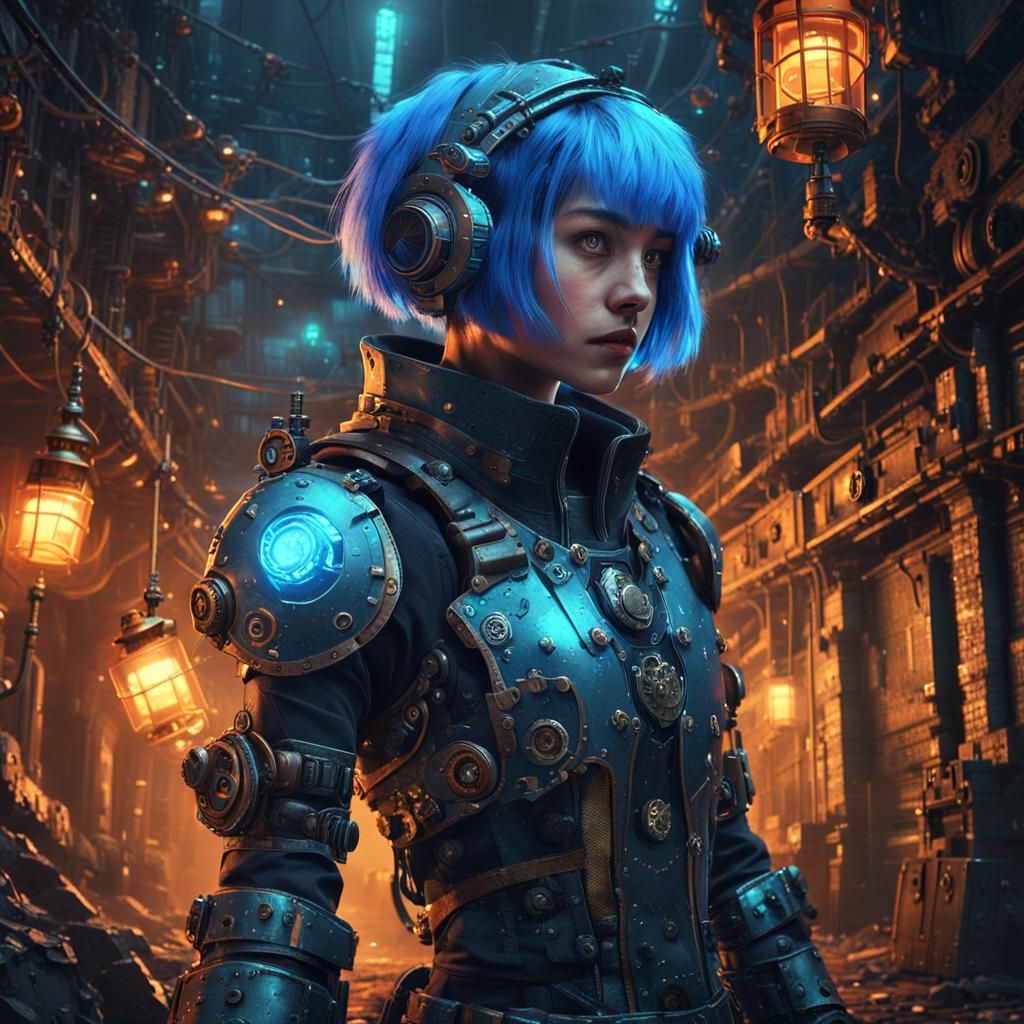 Steampunk Girl Searches Neon City Alley