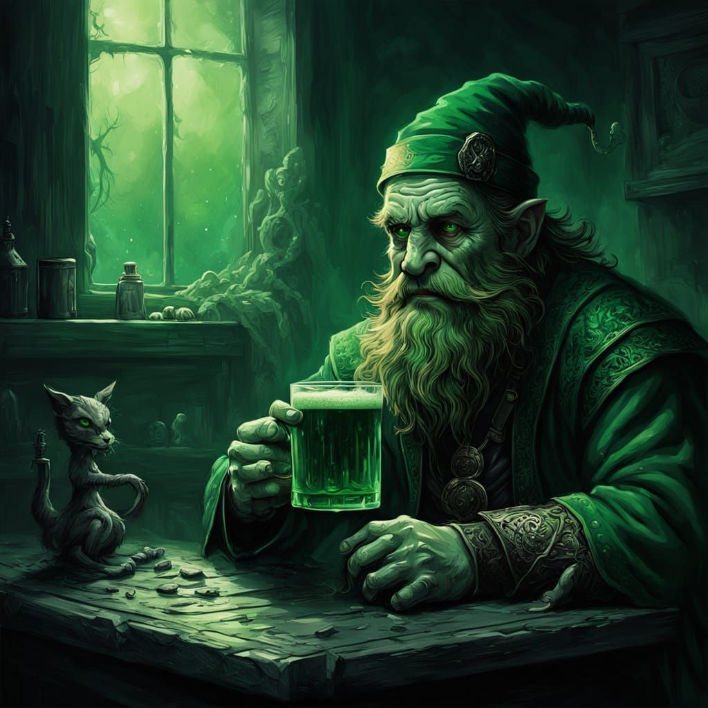 Surreal Irish Leprechaun in a Dark Fantasy Scene