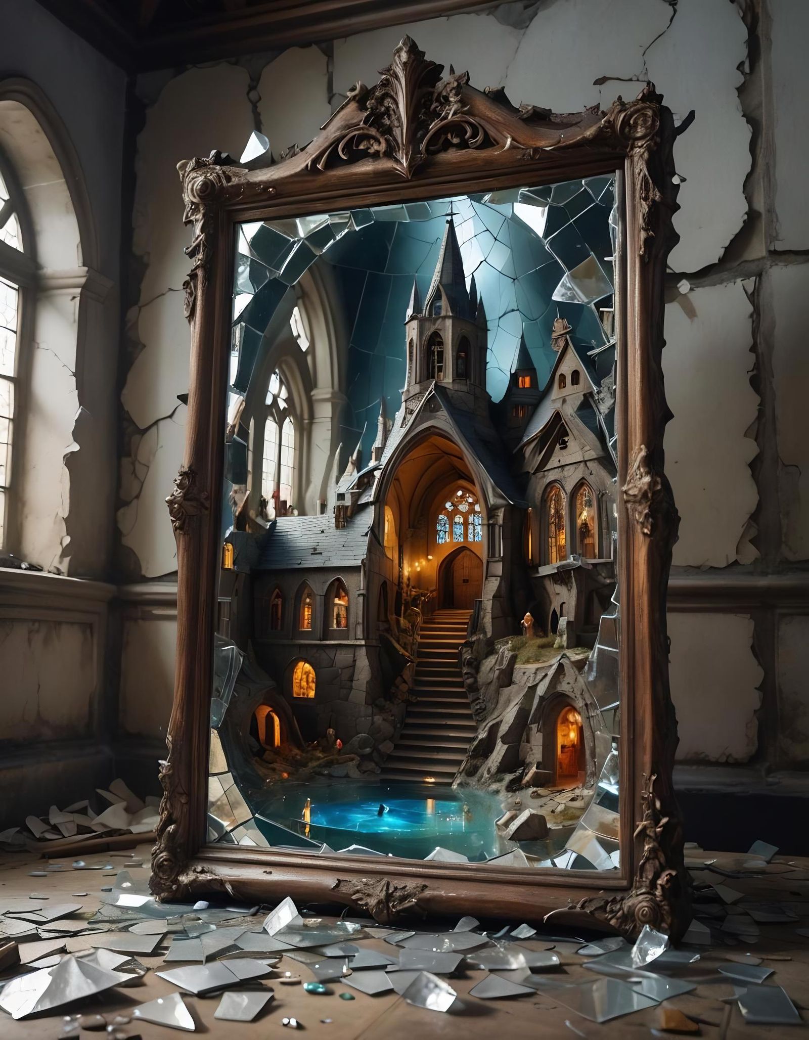 Cracked Mirror Reveals Miniature Fantasy Wonderland